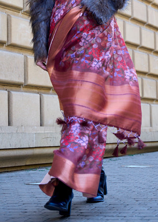 Shades Of Purple Floral Printed Satin Organza Saree Clothsvilla