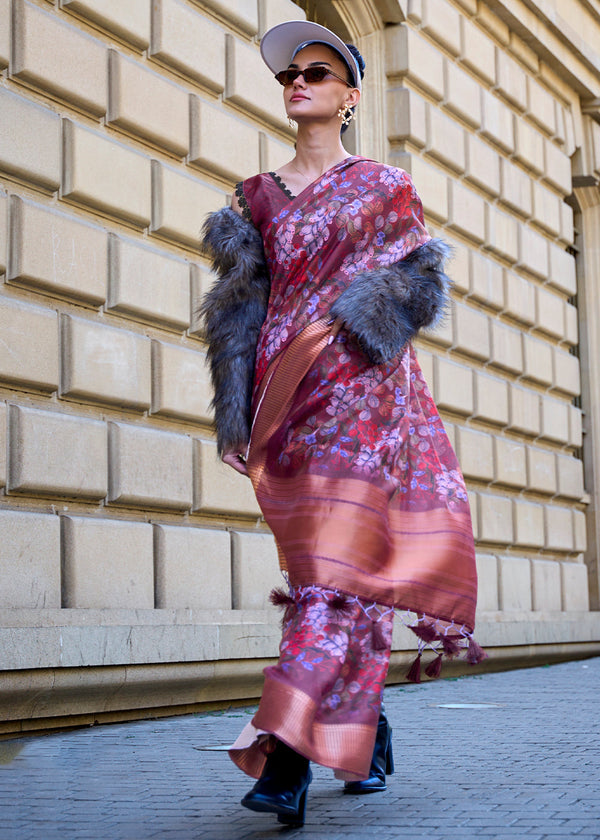 Shades Of Purple Floral Printed Satin Organza Saree Clothsvilla