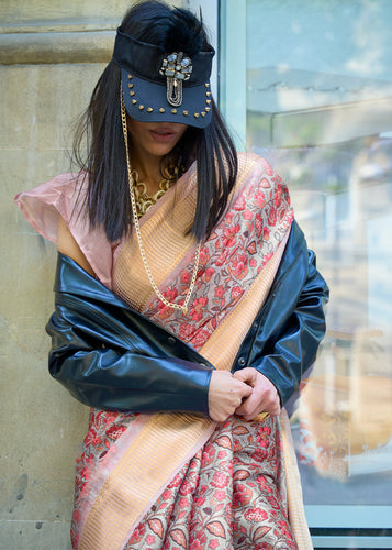 Pink & Beige Floral Printed Satin Organza Saree Clothsvilla