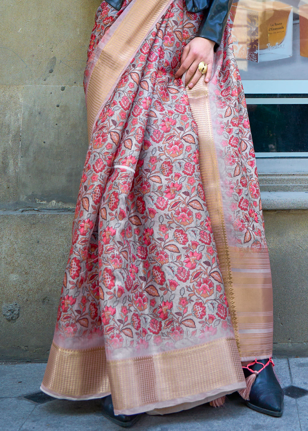 Pink & Beige Floral Printed Satin Organza Saree Clothsvilla