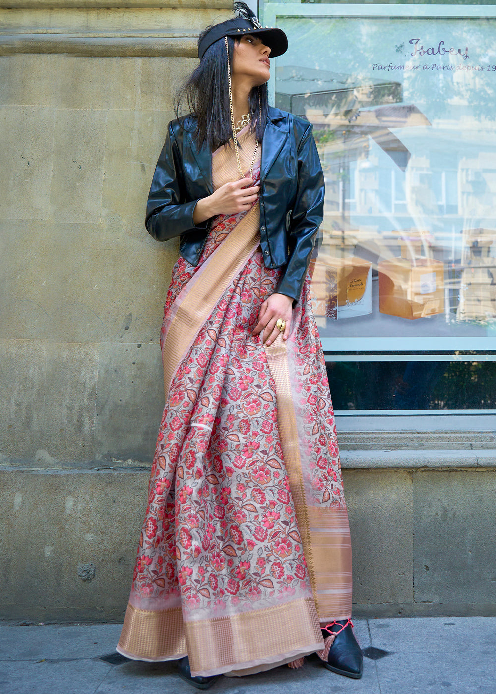 Pink & Beige Floral Printed Satin Organza Saree Clothsvilla Main image