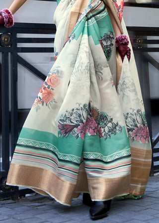 Pearl White Floral Printed Satin Organza Saree Clothsvilla
