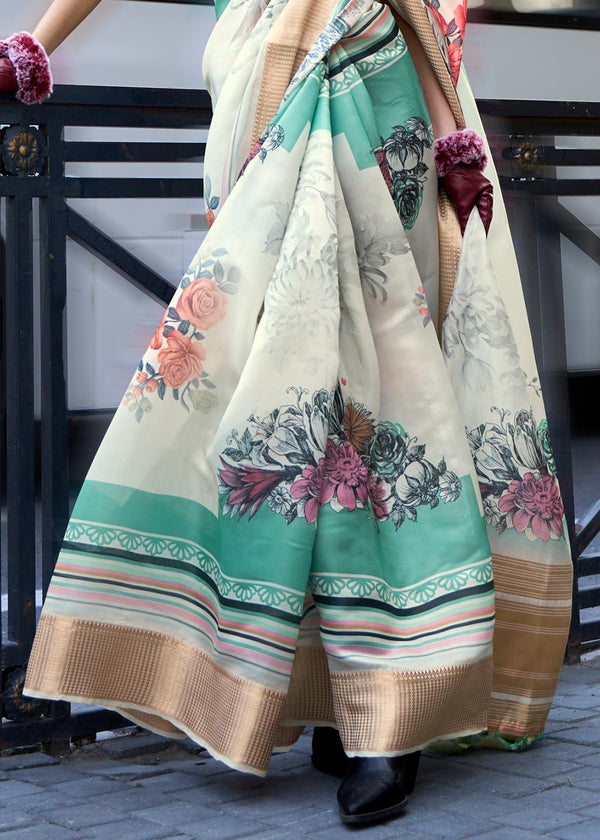 Pearl White Floral Printed Satin Organza Saree Clothsvilla