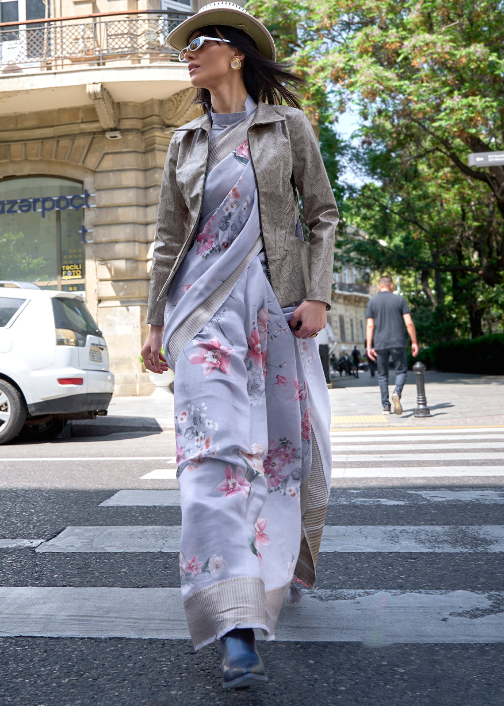 Misty Grey Floral Printed Satin Organza Saree Secondary image