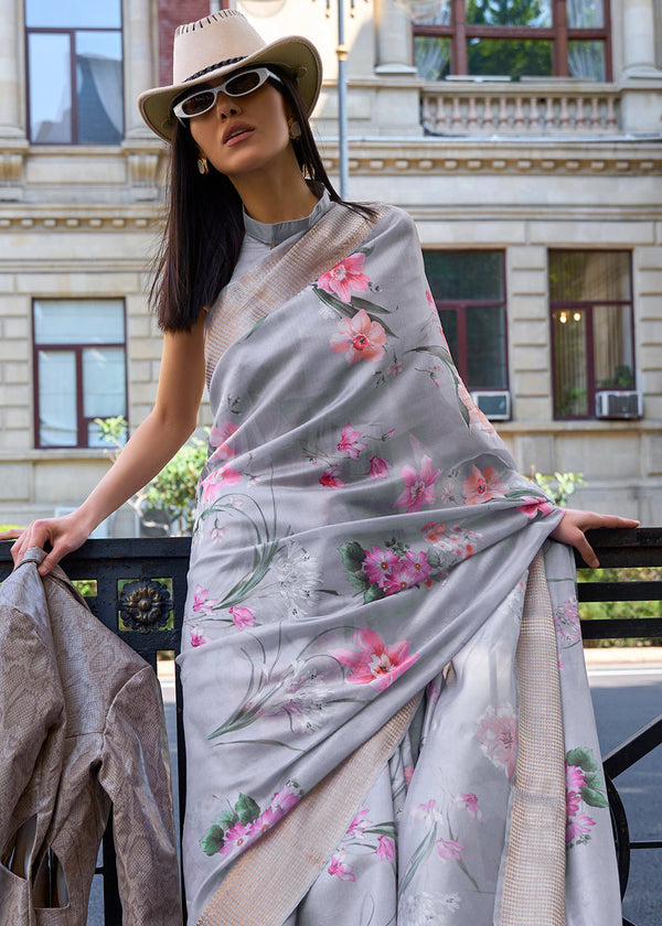Misty Grey Floral Printed Satin Organza Saree Clothsvilla