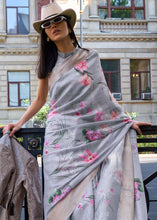 Load image into Gallery viewer, Misty Grey Floral Printed Satin Organza Saree Clothsvilla