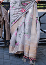 Load image into Gallery viewer, Misty Grey Floral Printed Satin Organza Saree Clothsvilla