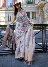 Load image into Gallery viewer, Misty Grey Floral Printed Satin Organza Saree Clothsvilla