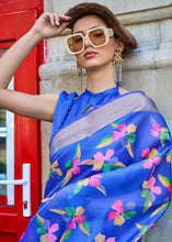 Load image into Gallery viewer, Cobalt Blue Floral Printed Satin Organza Saree Clothsvilla