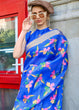 Load image into Gallery viewer, Cobalt Blue Floral Printed Satin Organza Saree Clothsvilla