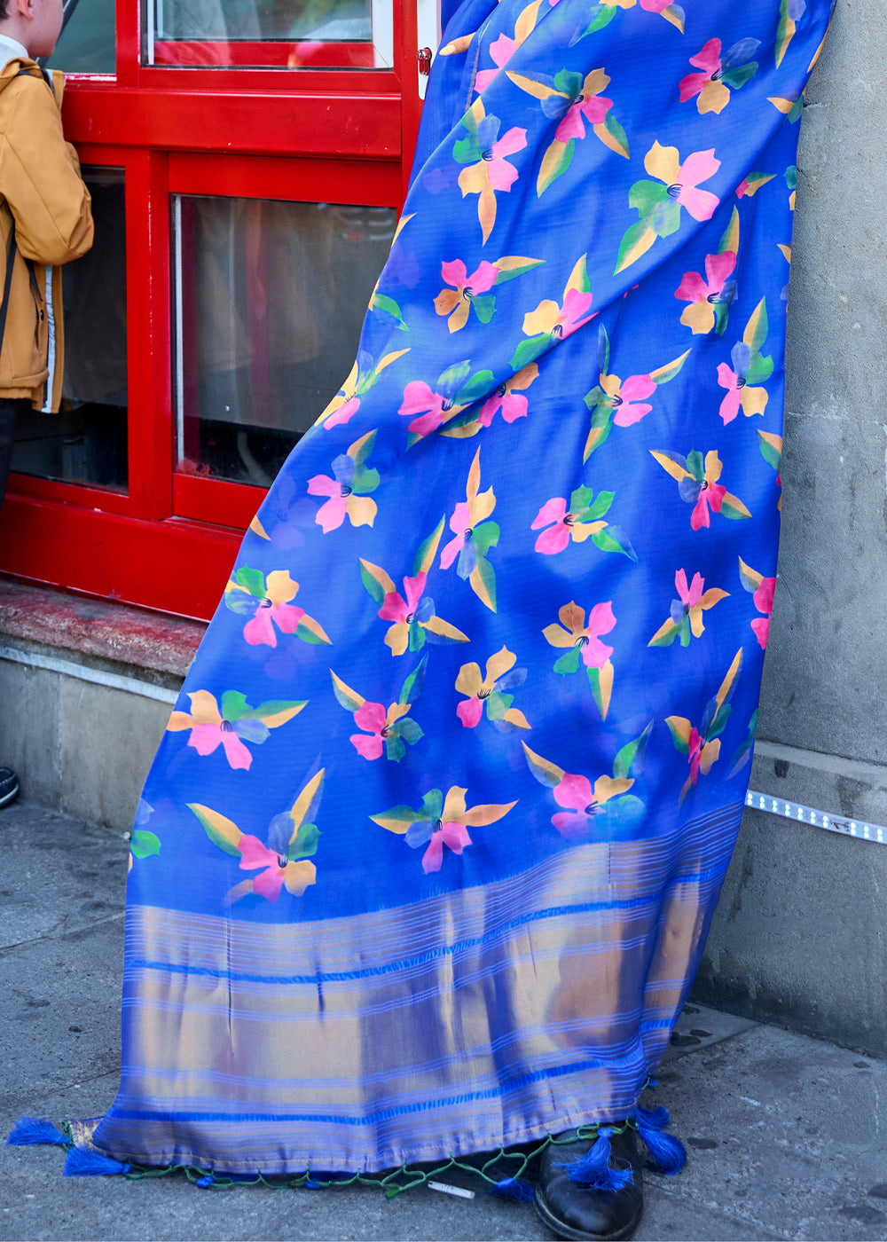 Cobalt Blue Floral Printed Satin Organza Saree Clothsvilla