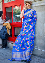 Load image into Gallery viewer, Cobalt Blue Floral Printed Satin Organza Saree Clothsvilla