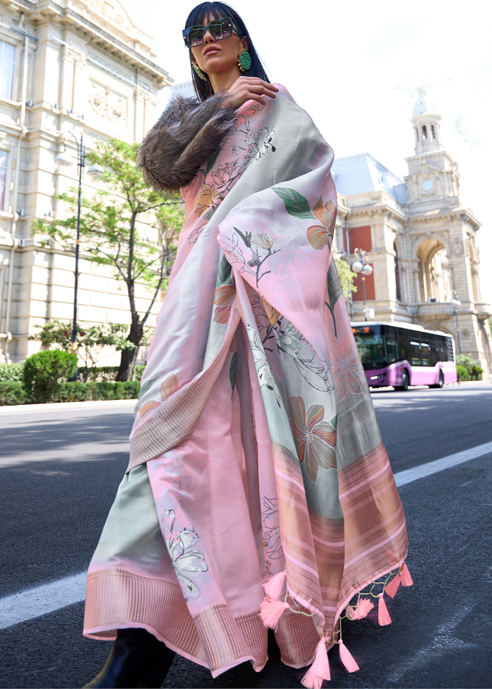 Multi Coloured Floral Printed Satin Organza Saree Secondary image