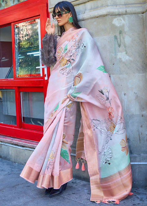 Multi Coloured Floral Printed Satin Organza Saree Clothsvilla Main image