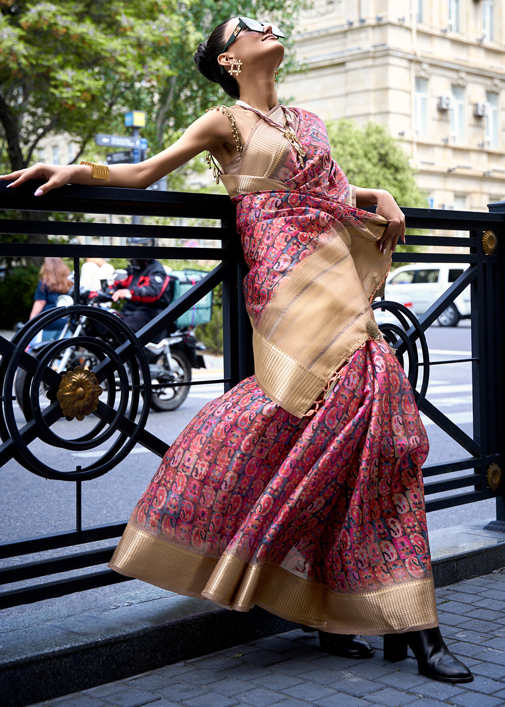 Cerise Pink Floral Printed Satin Organza Saree Clothsvilla