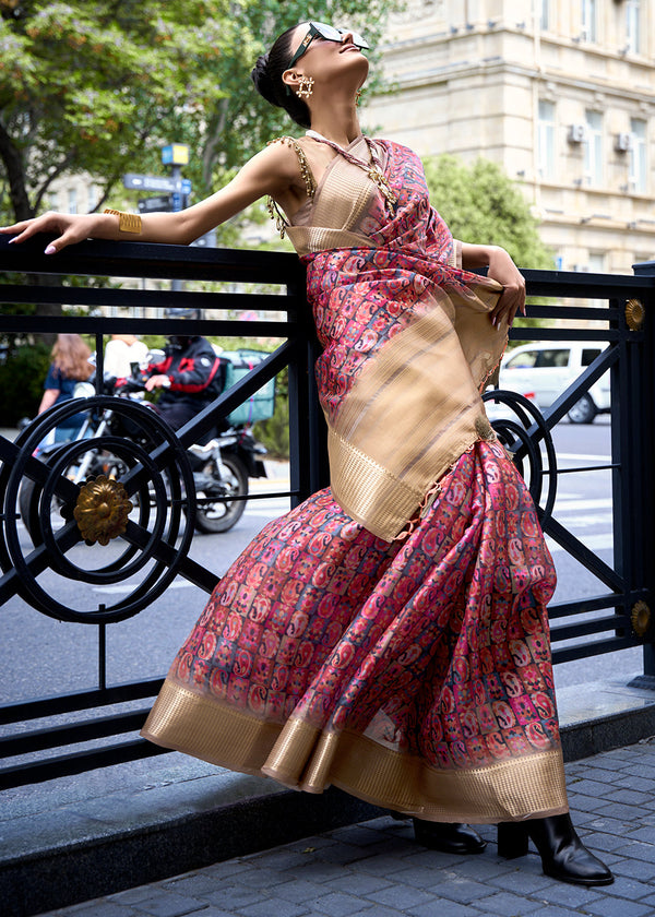 Cerise Pink Floral Printed Satin Organza Saree Clothsvilla
