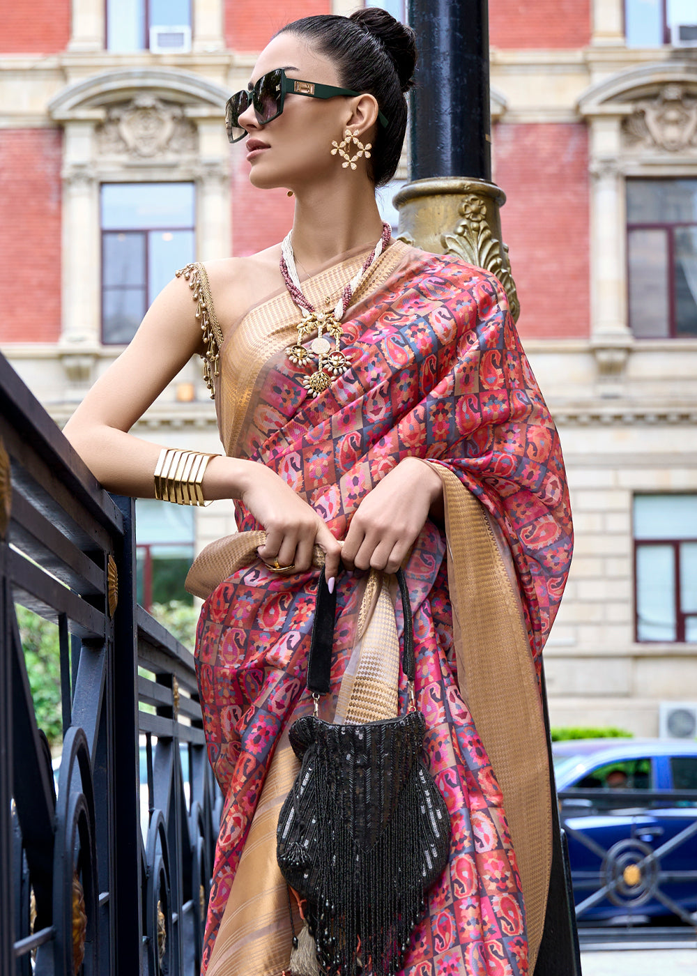 Cerise Pink Floral Printed Satin Organza Saree Clothsvilla
