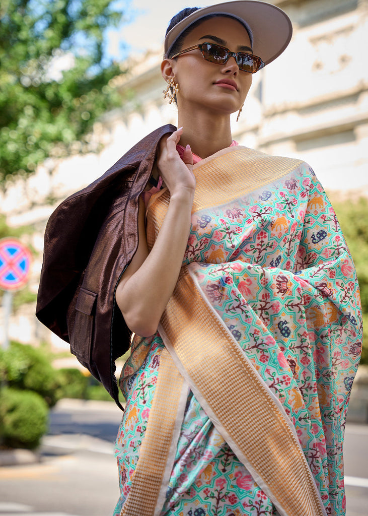 Tea Green Floral Printed Satin Organza Saree Clothsvilla