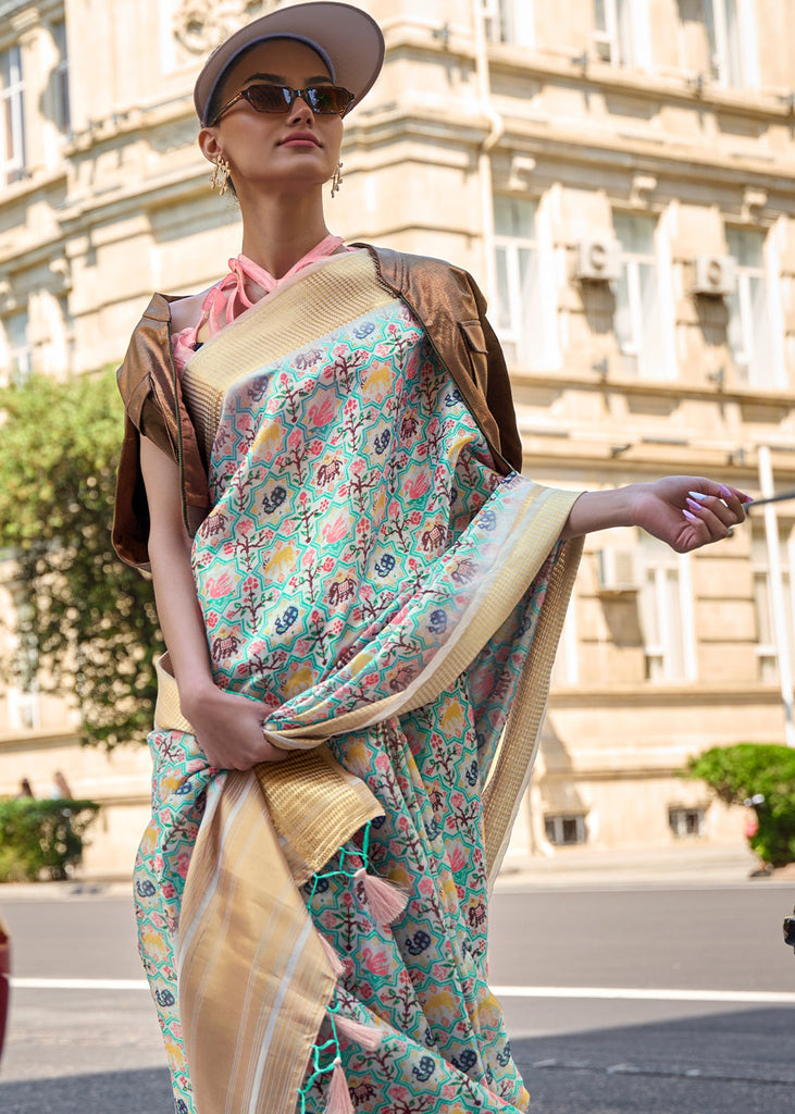 Tea Green Floral Printed Satin Organza Saree Clothsvilla