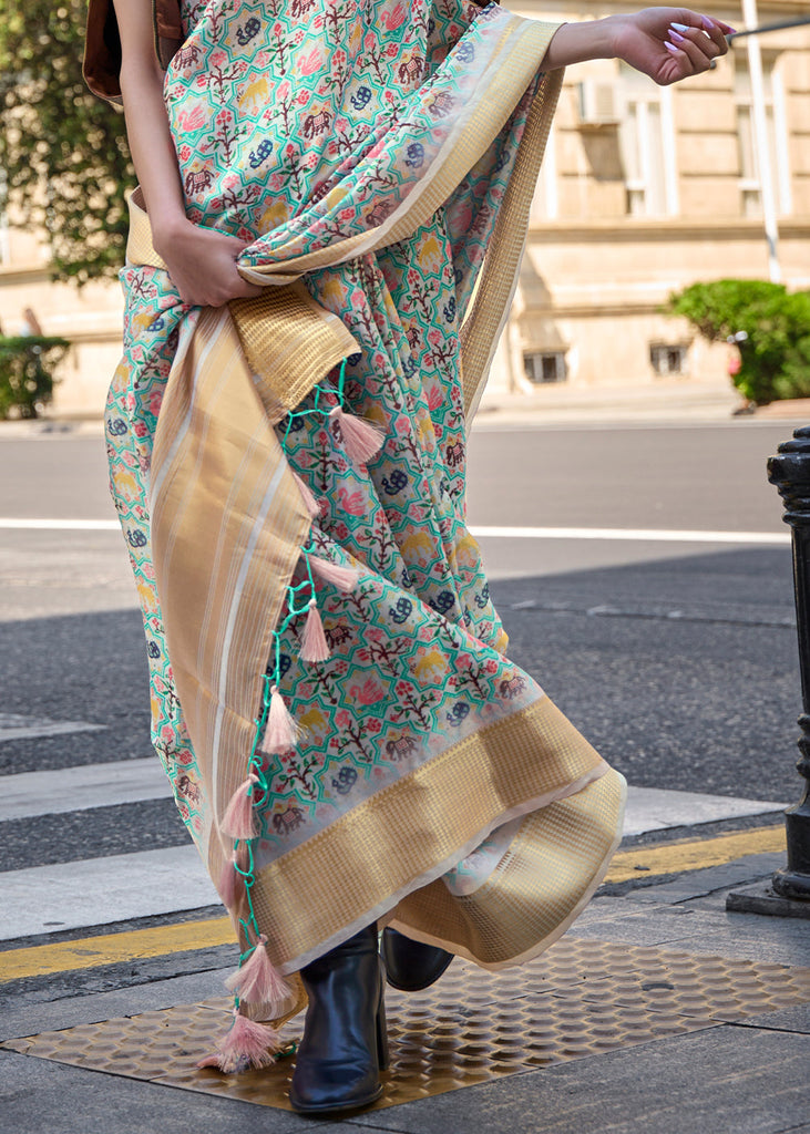 Tea Green Floral Printed Satin Organza Saree Clothsvilla