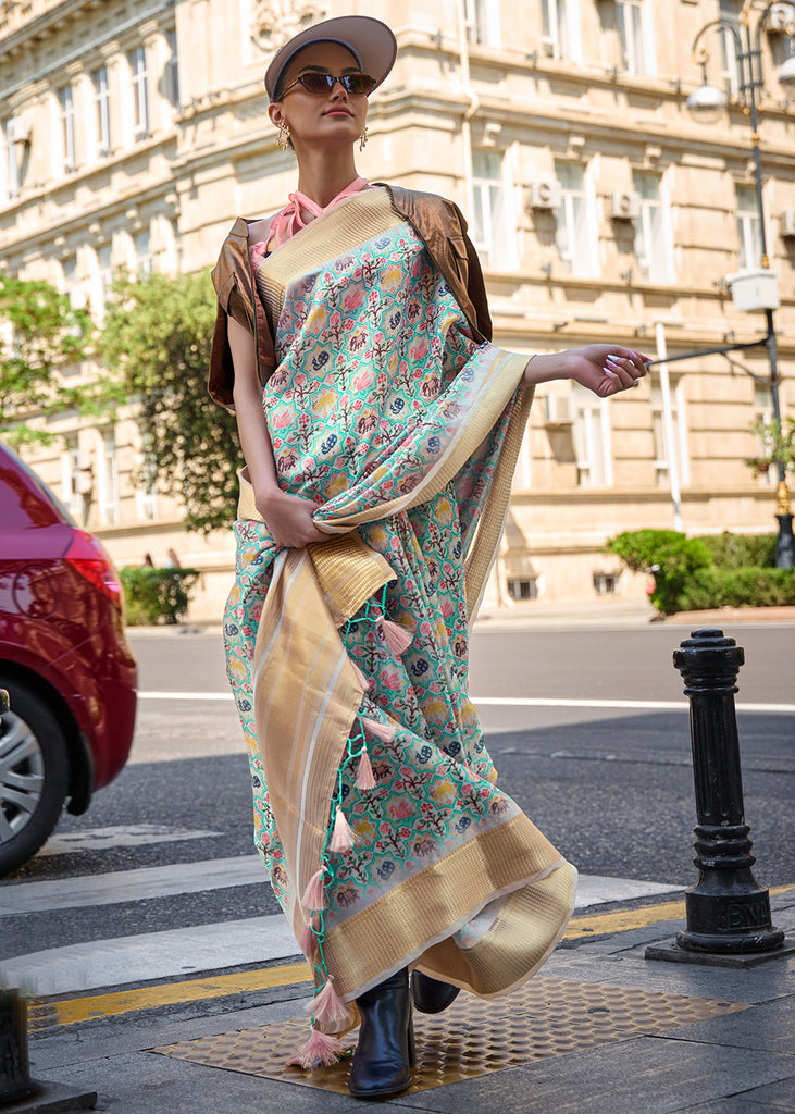 Tea Green Floral Printed Satin Organza Saree Clothsvilla