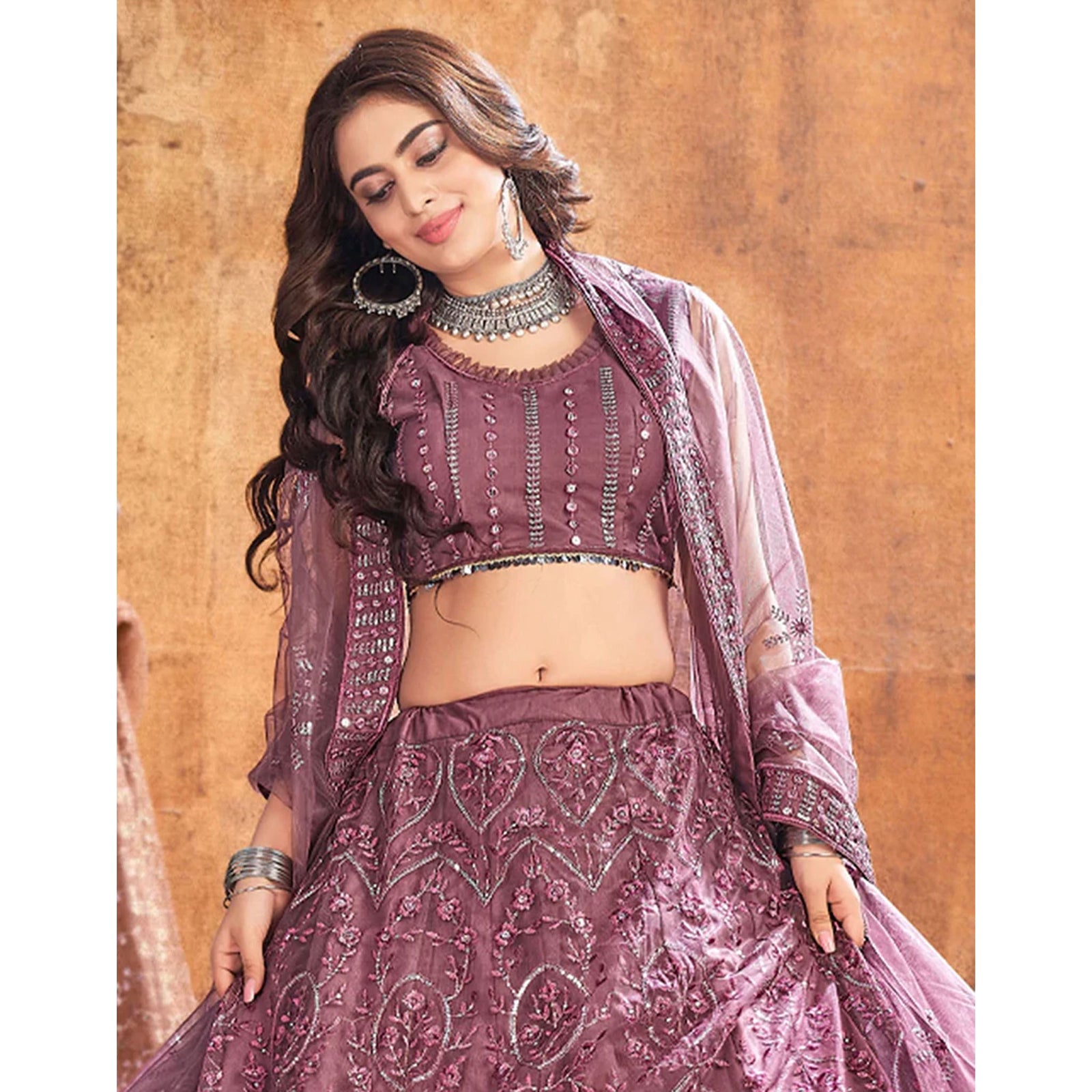 Peach pink Thread and Sequence work Lehenga choli ClothsVilla
