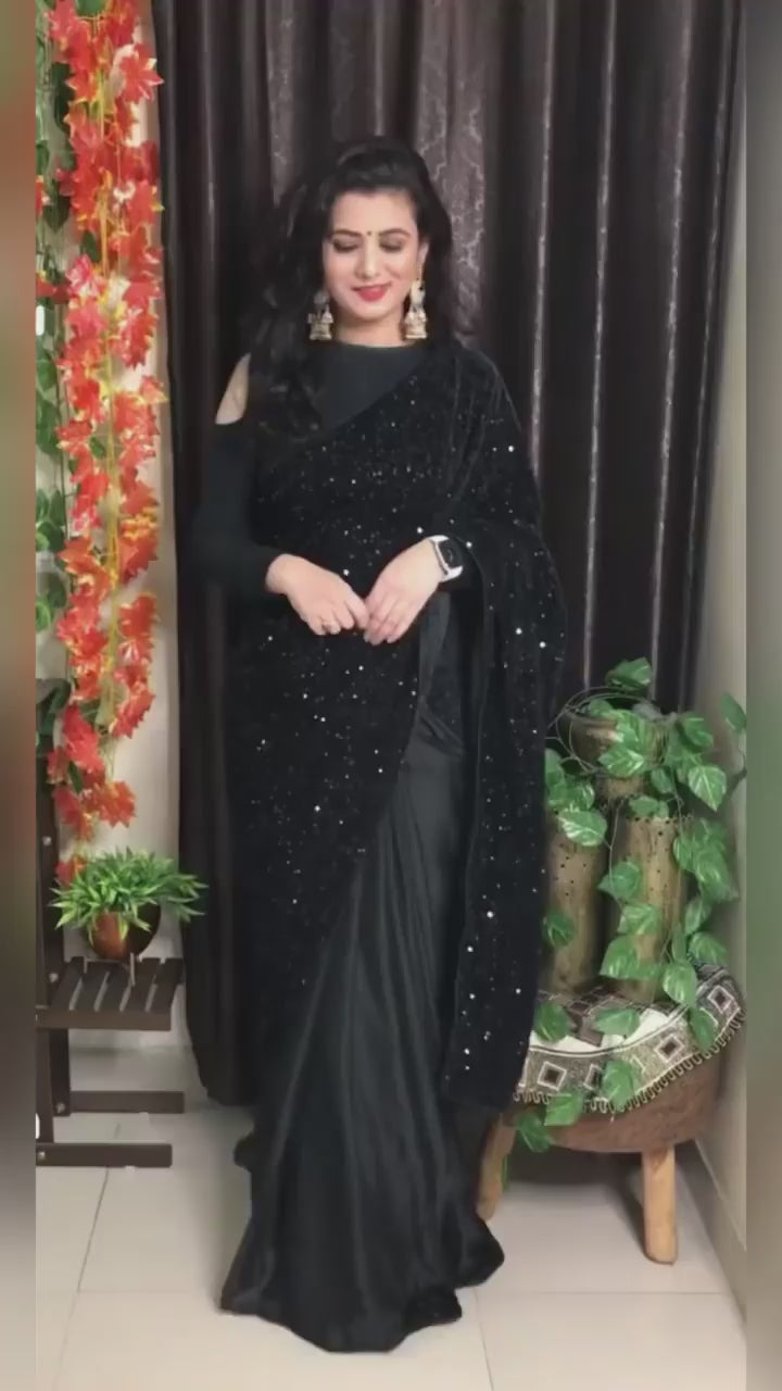 Black Half Velvet Sequence Work and Half Satin Partywear Saree