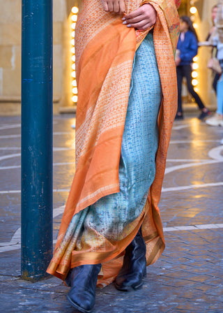 Blue & Orange Digital Printed Poly Viscose Saree Clothsvilla
