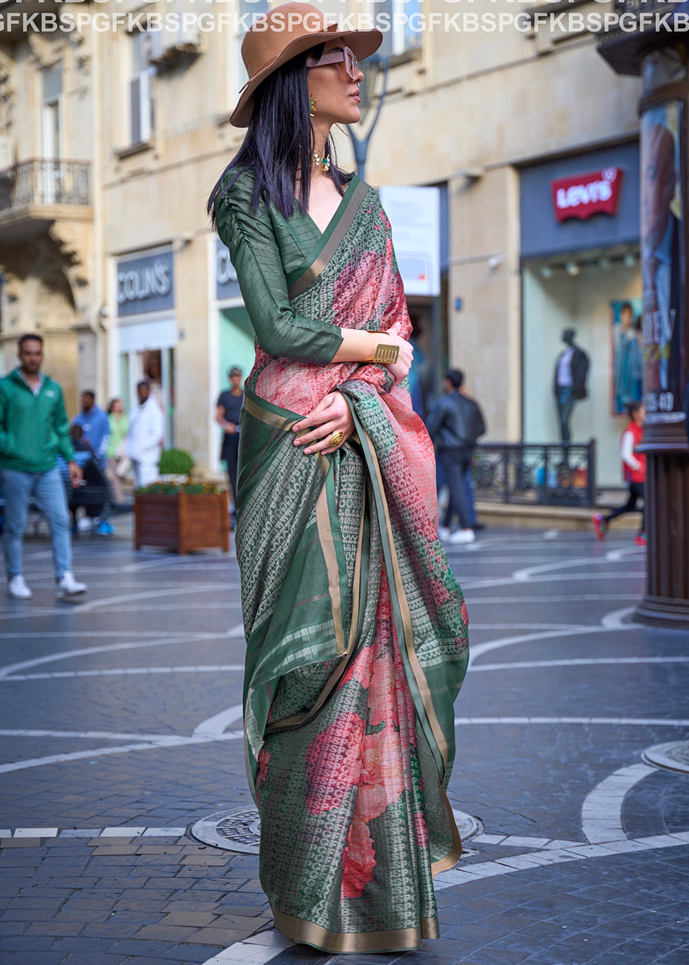 Capri Green Digital Printed Poly Viscose Saree Secondary image