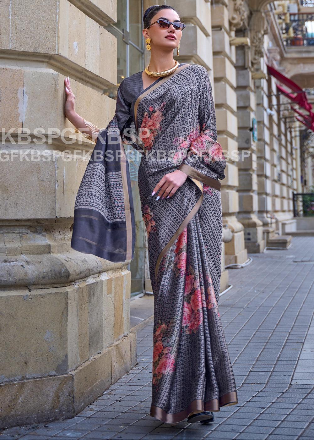 Slate Grey Digital Printed Poly Viscose Saree Secondary image