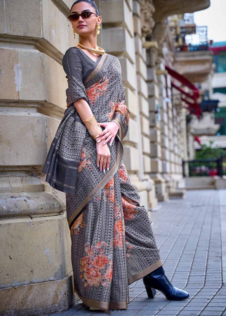 Slate Grey Digital Printed Poly Viscose Saree Clothsvilla