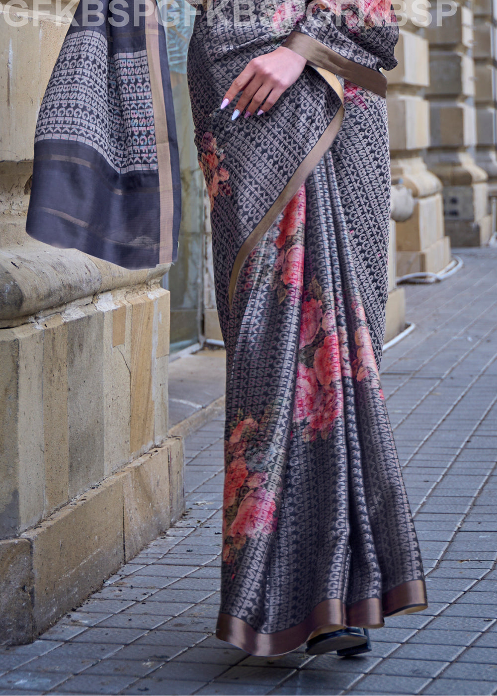Slate Grey Digital Printed Poly Viscose Saree Clothsvilla
