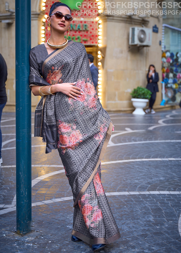 Slate Grey Digital Printed Poly Viscose Saree Clothsvilla