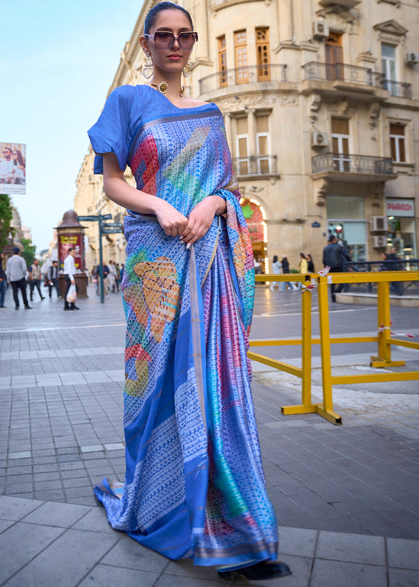 Shades Of Blue Digital Printed Poly Viscose Saree Clothsvilla