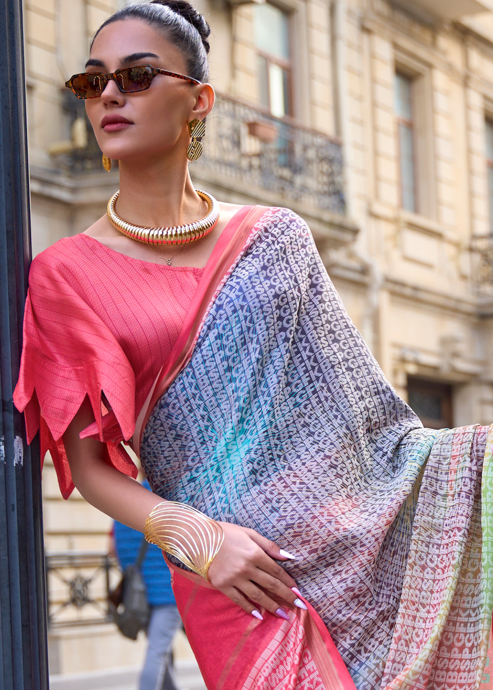 Pink & Blue Digital Printed Poly Viscose Saree Secondary image