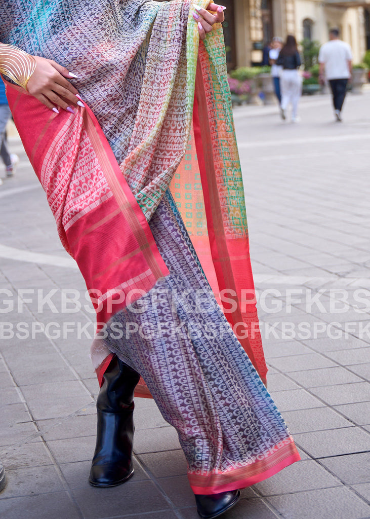 Pink & Blue Digital Printed Poly Viscose Saree Clothsvilla