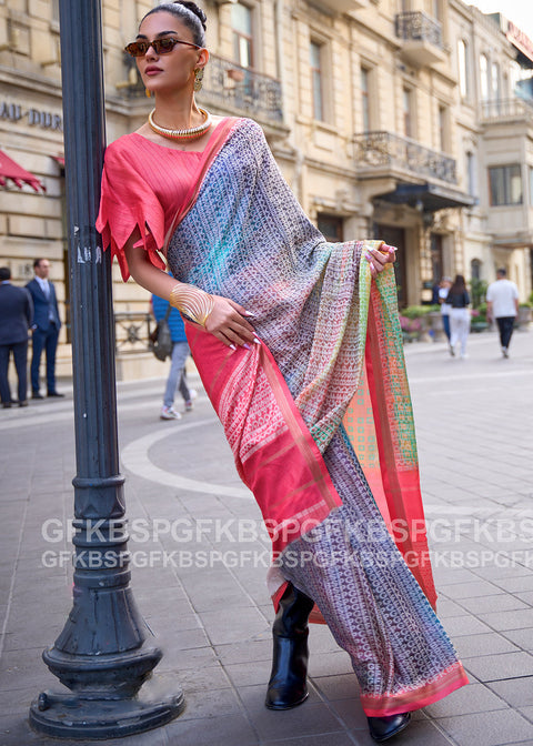 Pink & Blue Digital Printed Poly Viscose Saree Clothsvilla Main image