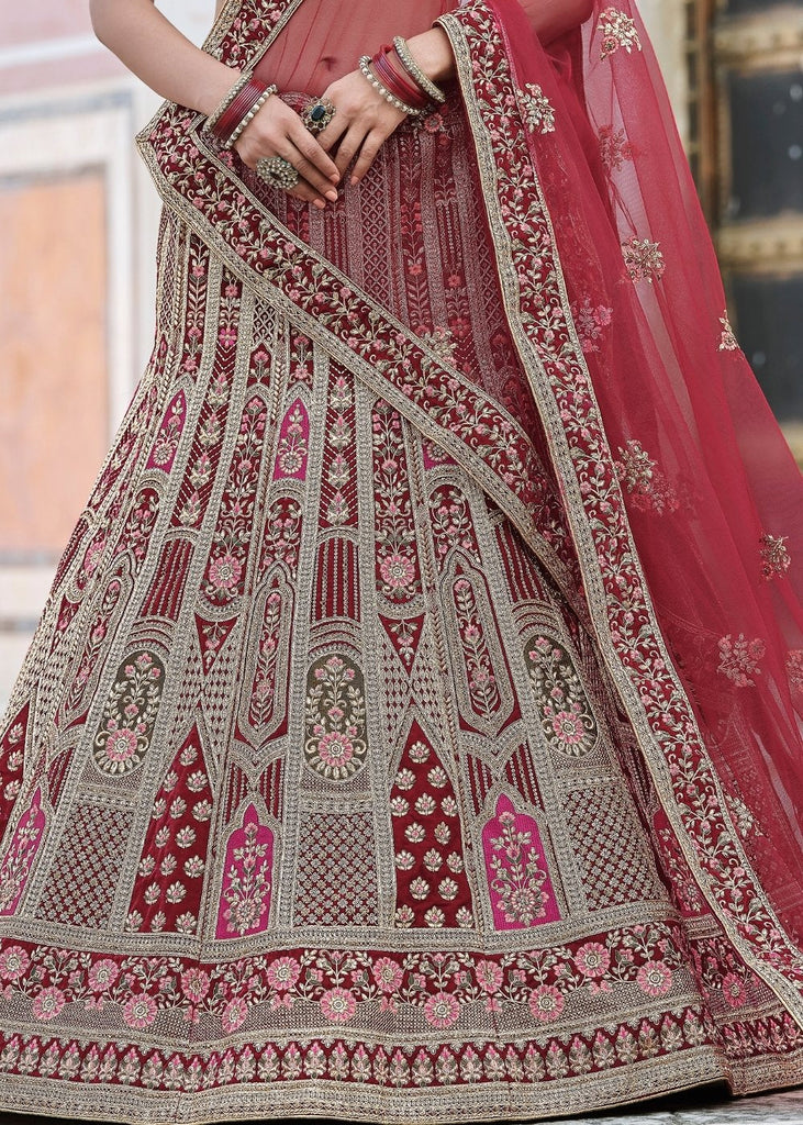 Maroon Red Velvet Lehenga Choli Having Heavy Embroidery & Hand work: Bridal Edition Clothsvilla