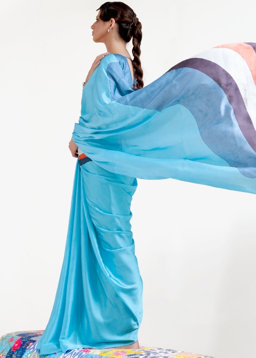Baby Blue Digital Printed Satin Crepe Saree Clothsvilla