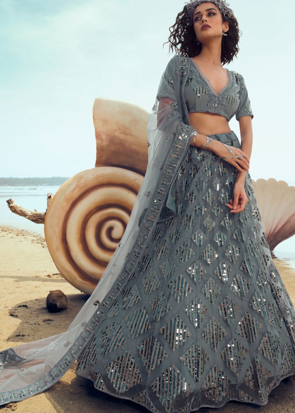 Anchor Grey Soft Net Designer Lehenga Choli with overall Sequins and Thread work(Pre-Order) Clothsvilla