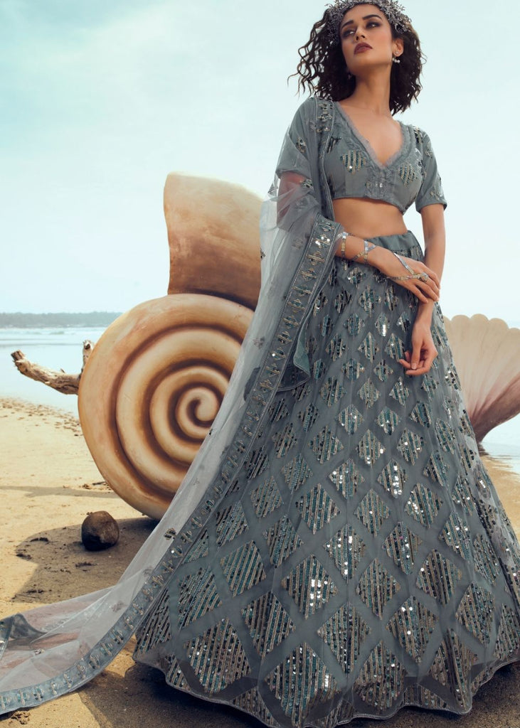Anchor Grey Soft Net Designer Lehenga Choli with overall Sequins and Thread work(Pre-Order) Clothsvilla