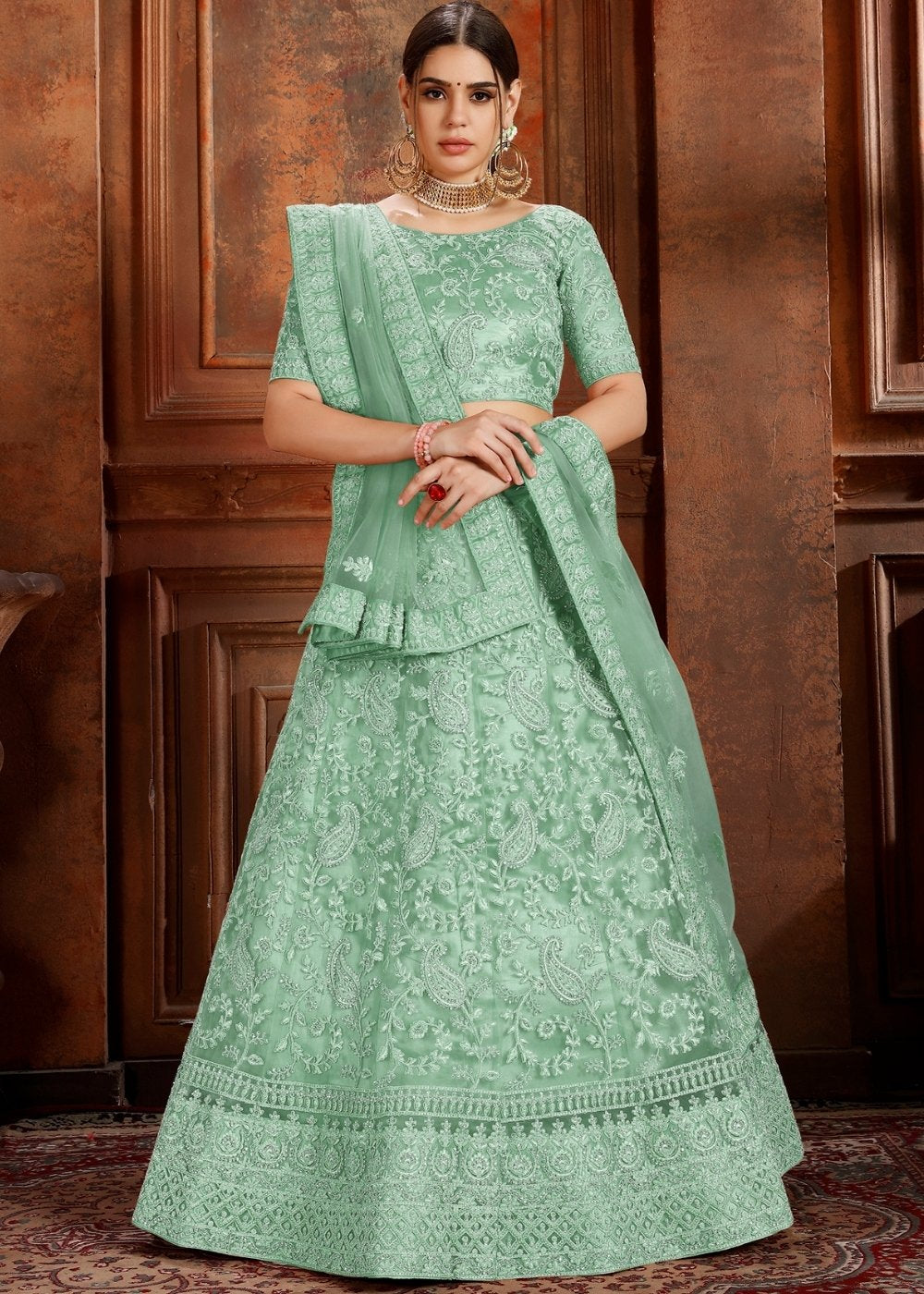 Pista Green Soft Net Lehenga Choli with Thread, Zarkan & Pearl work Clothsvilla
