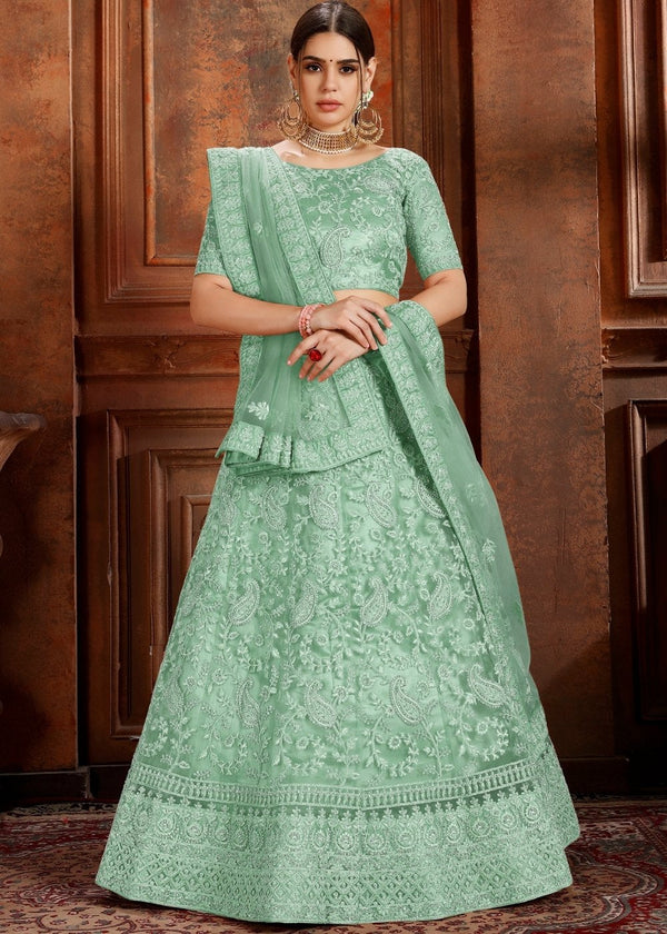 Pista Green Soft Net Lehenga Choli with Thread, Zarkan & Pearl work Clothsvilla