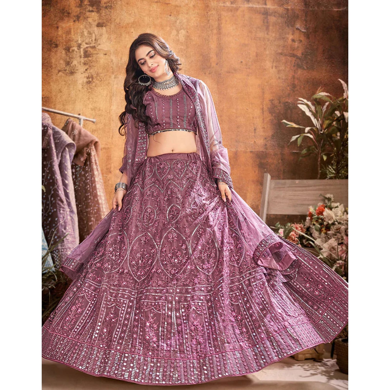 Peach pink Thread and Sequence work Lehenga choli ClothsVilla