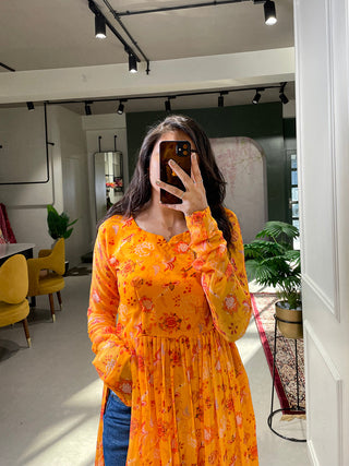 Yellow Color Floral Printed Georgette Naira Cut Kurti Clothsvilla