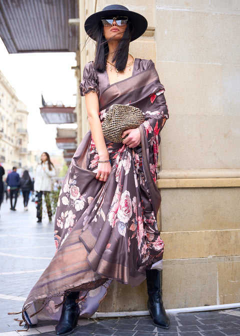 Domson Purple Digital Floral Printed Silk Saree Clothsvilla Main image