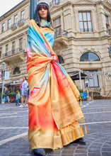 Load image into Gallery viewer, Yellow &amp; Blue Digital Floral Printed Silk Saree Clothsvilla