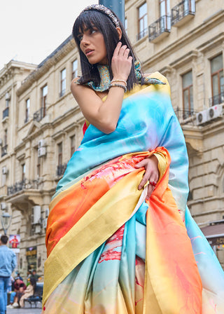 Yellow & Blue Digital Floral Printed Silk Saree Clothsvilla