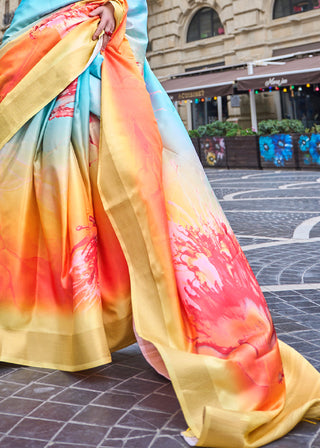 Yellow & Blue Digital Floral Printed Silk Saree Clothsvilla