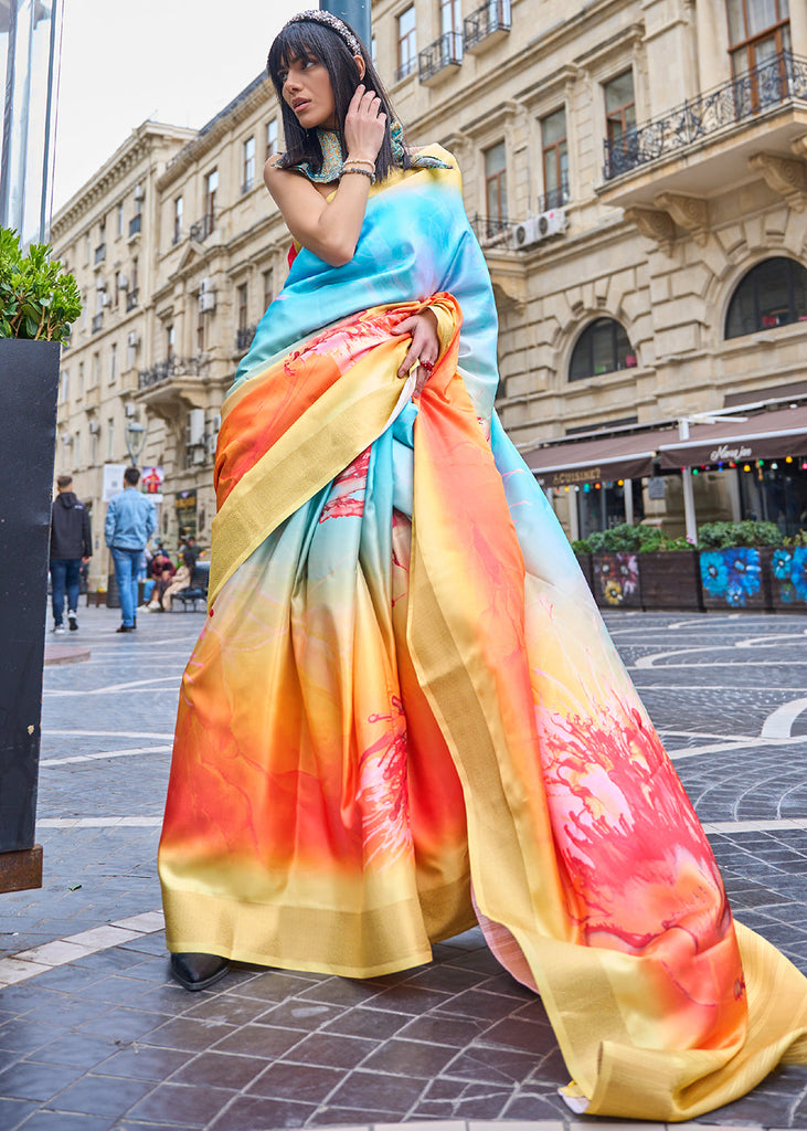 Yellow & Blue Digital Floral Printed Silk Saree Clothsvilla